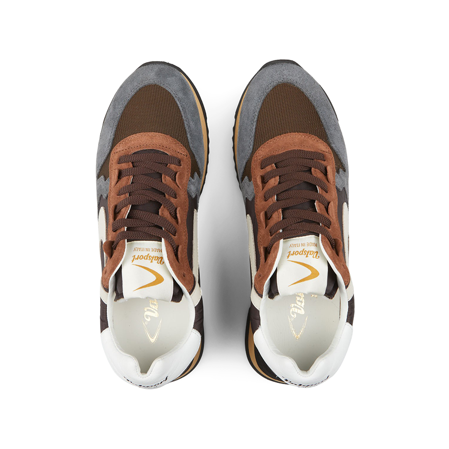 A pair of colourful Dark Brown Leather Nylon Run30 Magic sneakers with brown laces viewed from above by Valsport.