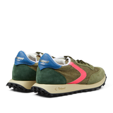 A pair of military green nylon suede Heritage sneakers by Valsport with a pink swoosh logo and blue heel tab.