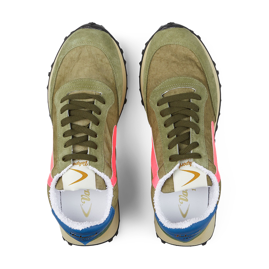 A pair of Military Green Nylon Suede Heritage Sneakers by Valsport with pink and white accents, featuring Italian craftsmanship.
