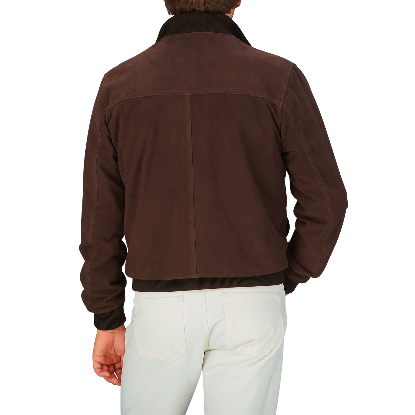 Rear view of a person wearing a Valstar Dark Brown Suede Leather Valstarino Jacket and white pants.