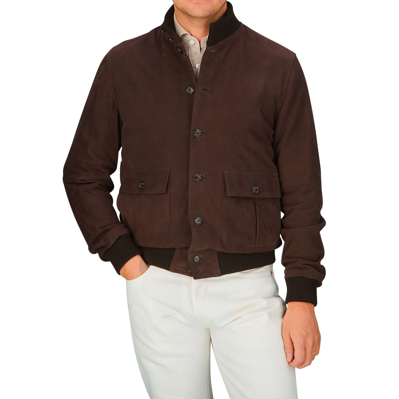 Man wearing an Italian Valstar dark brown suede leather Valstarino jacket and white pants.