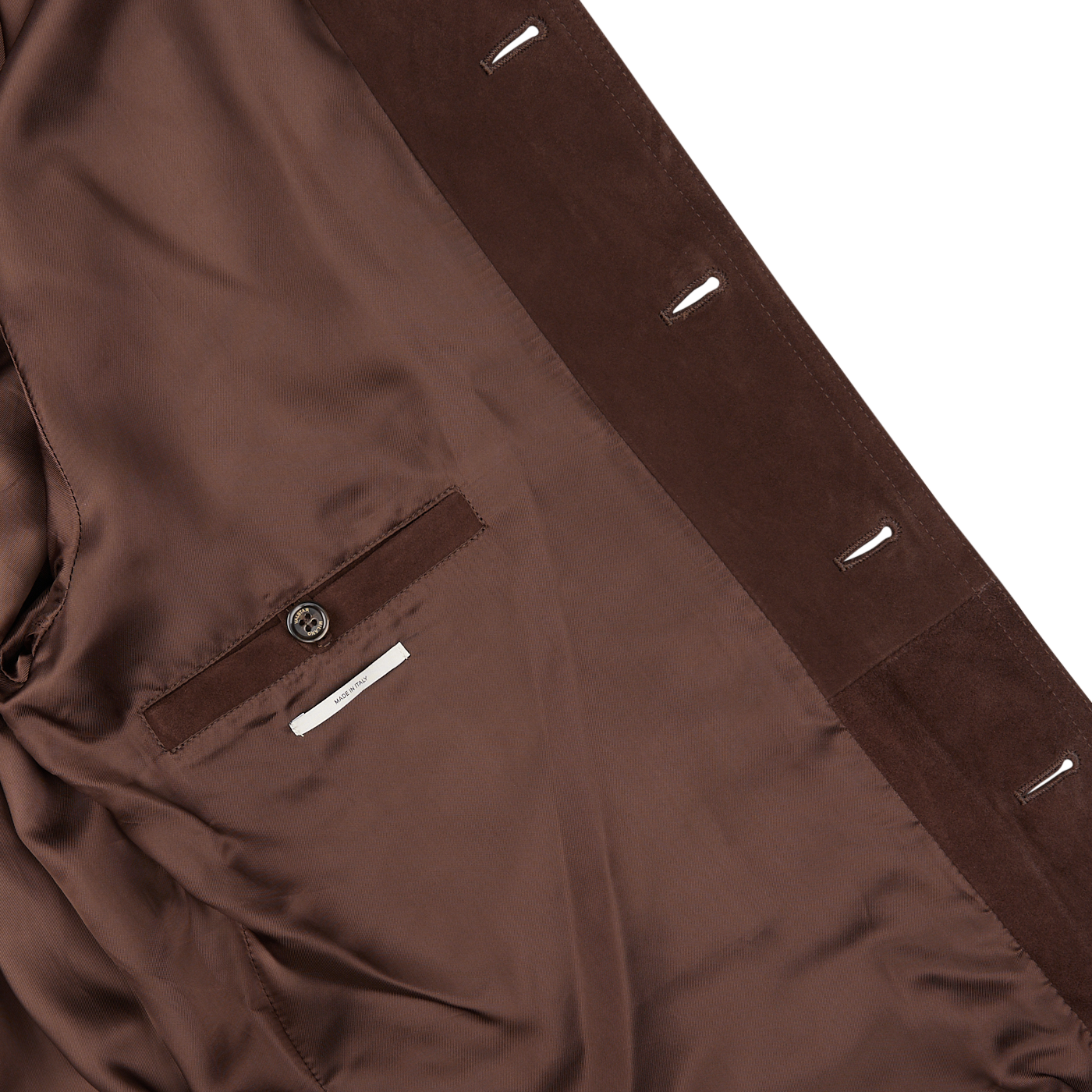 Dark Brown Suede Leather Valstarino Jacket with a buttoned waistband on a white background.