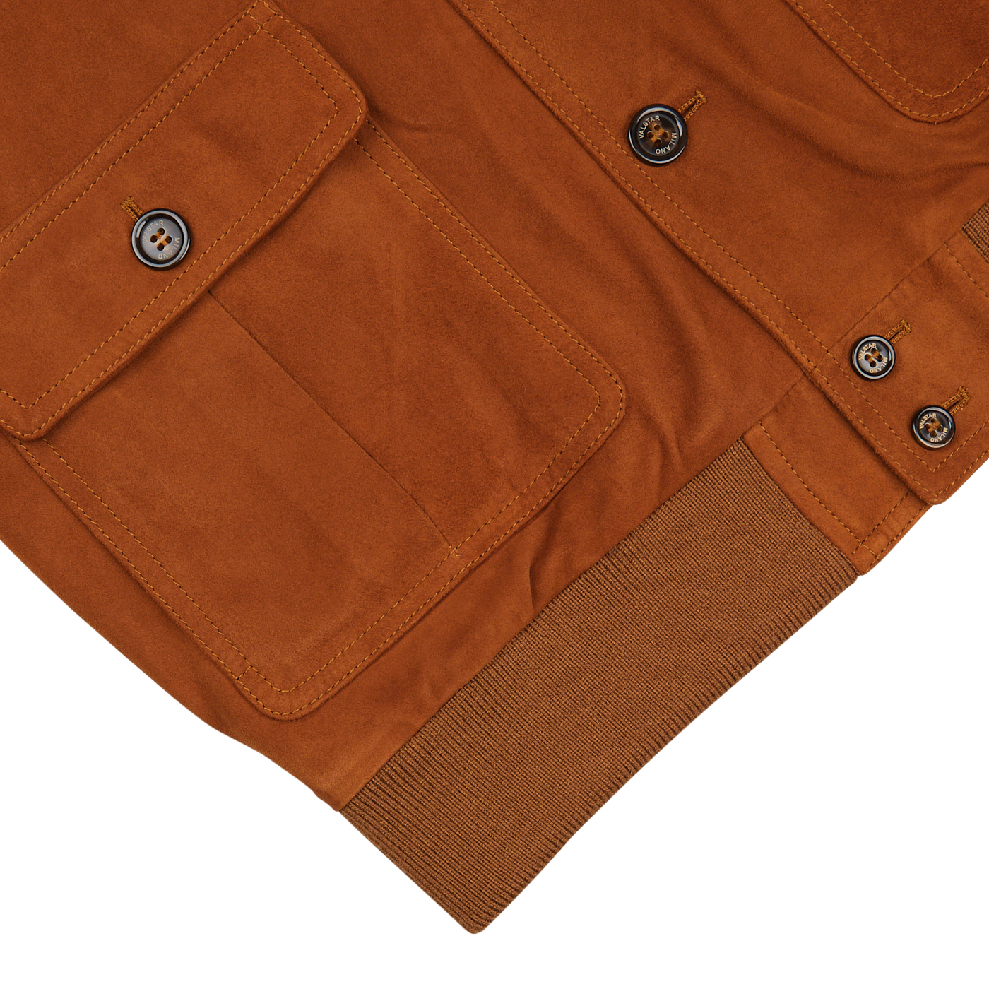 Sandal Brown Suede Leather Valstarino jacket from Valstar with buttons and ribbed cuffs on a white background.