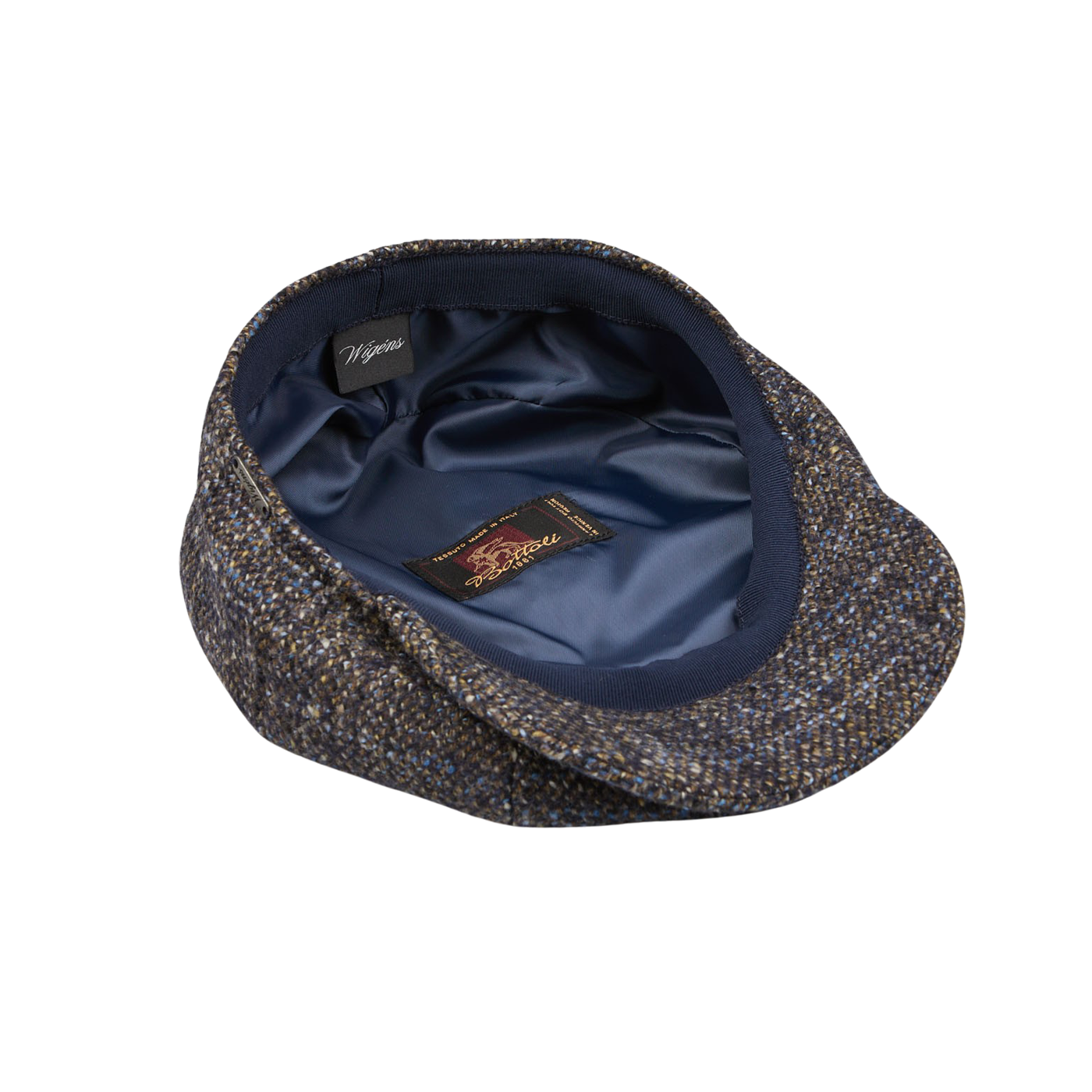 A Wigéns Blue Melange Wool Ivy Contemporary Cap with a blue pocket, made from a wool blend.