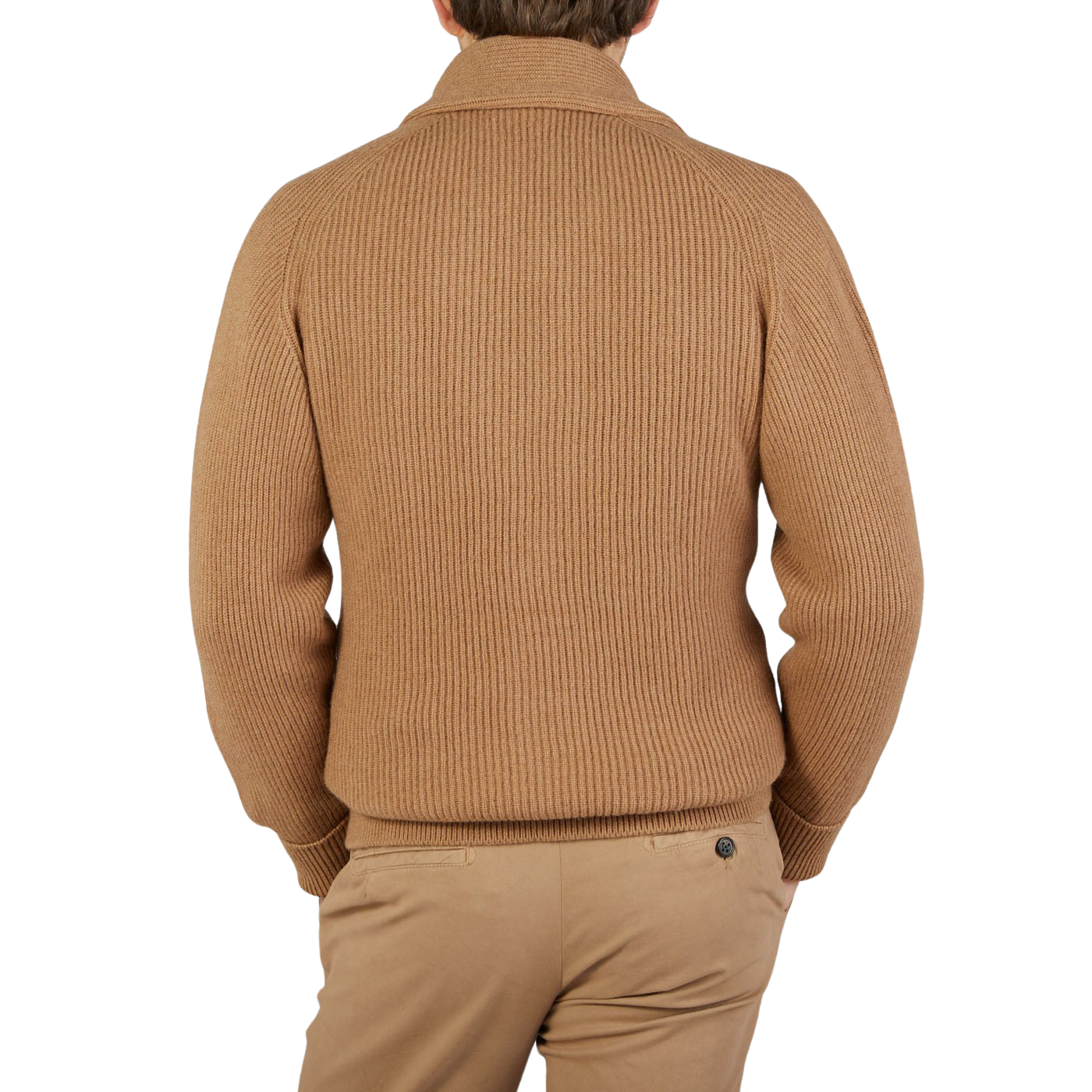 The back view of a man wearing a William Lockie Brown Camel Hair Shawl Collar Cardigan.