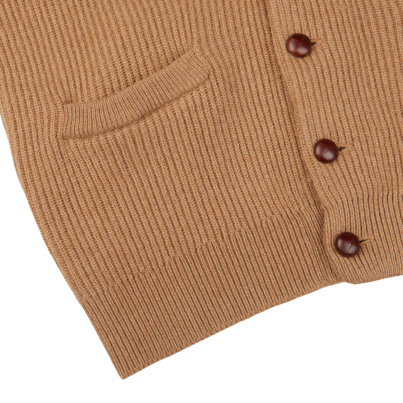 A William Lockie brown camel hair shawl collar cardigan with buttons on the front and a shawl collar.