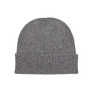 A warm, Derby Grey Cashmere Fine Ribbed Beanie crafted from cashmere, showcased against a white background, made by William Lockie.