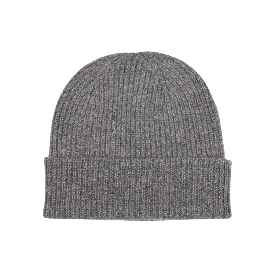 A warm, Derby Grey Cashmere Fine Ribbed Beanie crafted from cashmere, showcased against a white background, made by William Lockie.