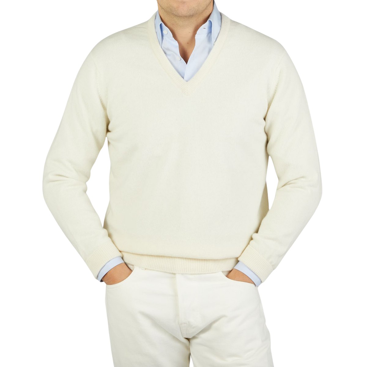 William Lockie Ecru White Lambswool V Neck Sweater