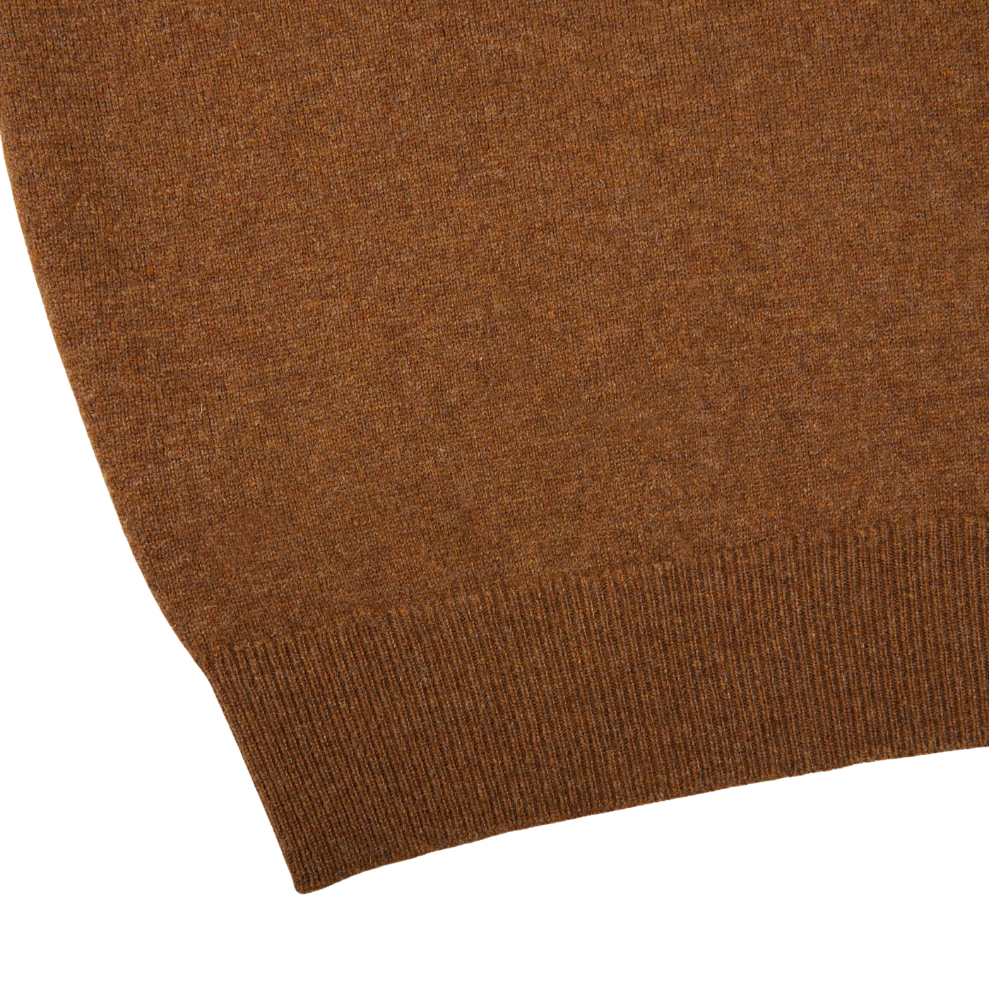 A close up of a William Lockie Kestrel Brown Deep V-Neck Lambswool Sweater on a white surface.