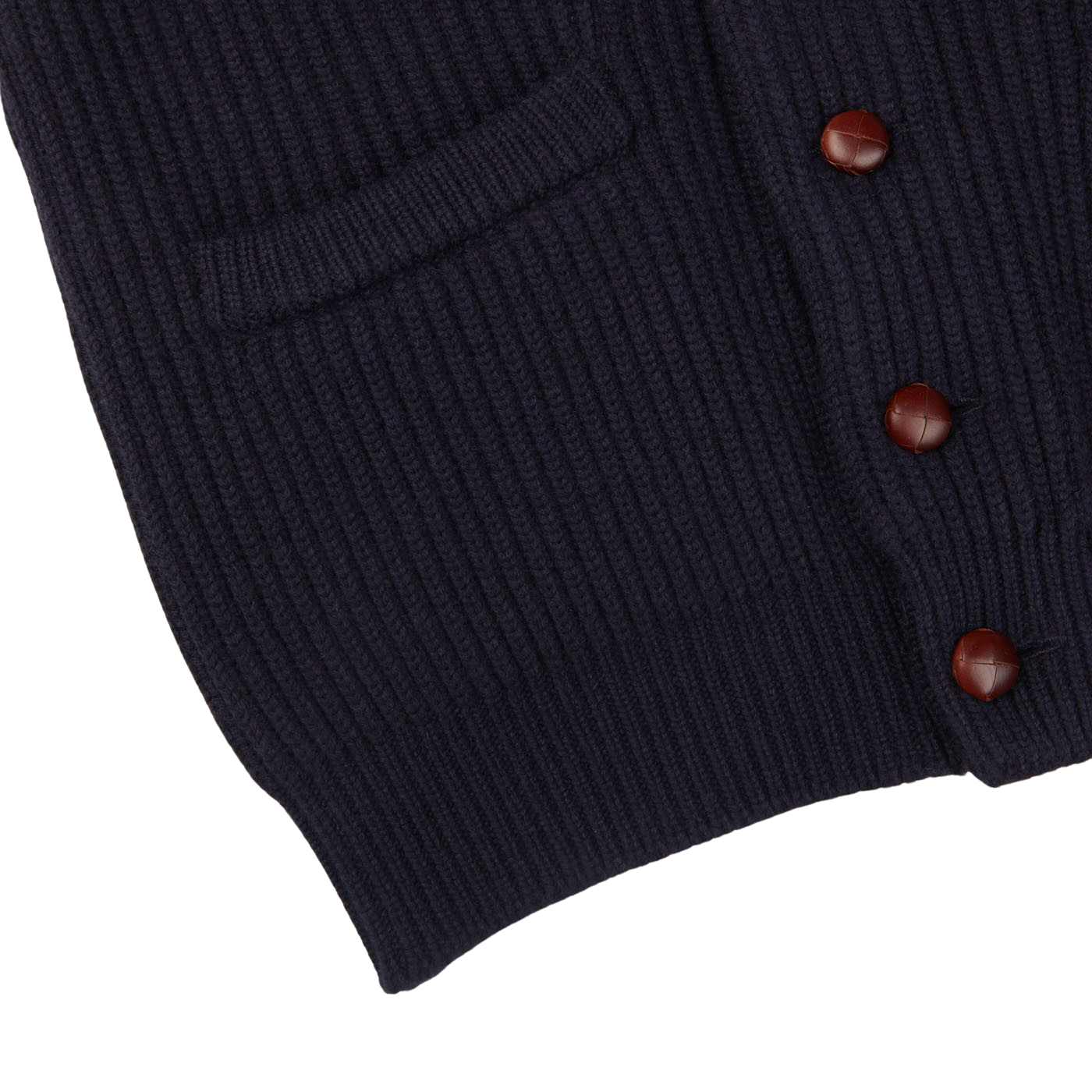 A William Lockie navy blue cashmere shawl collar cardigan with leather buttons on the front.