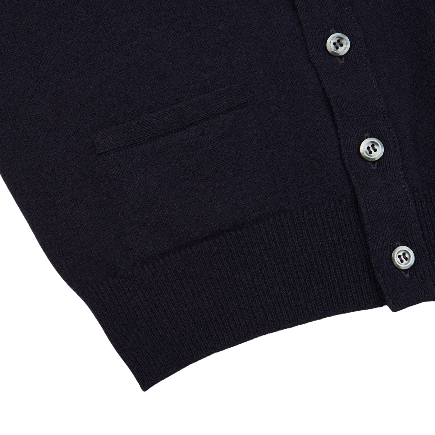 A close up of a William Lockie Navy Lambswool Saddle Shoulder Cardigan.