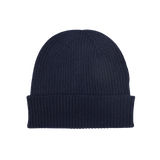A Nero Navy Cashmere Fine Ribbed Beanie by William Lockie on a white background.