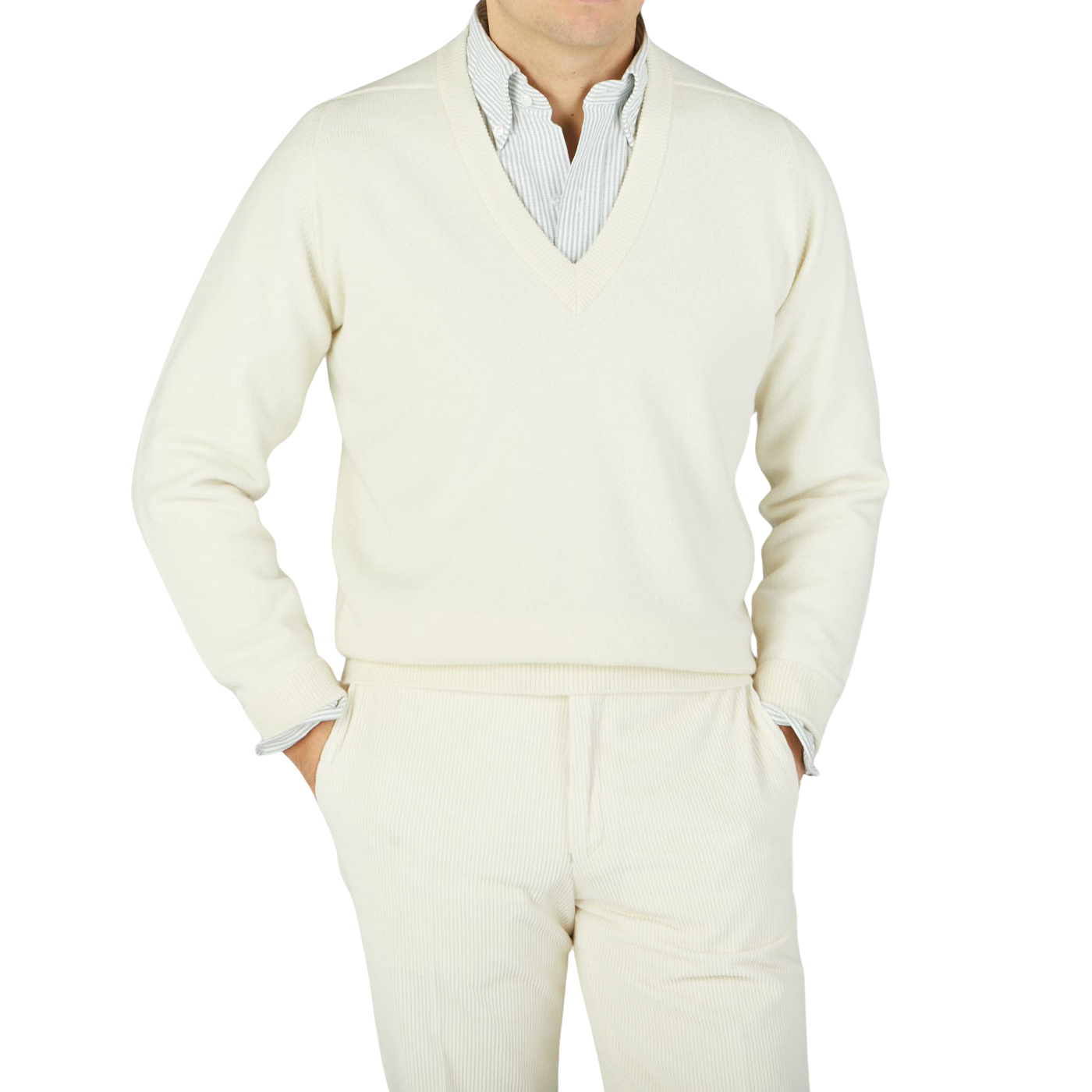 A man wearing an Off-White Deep V-Neck Lambswool Sweater by William Lockie.