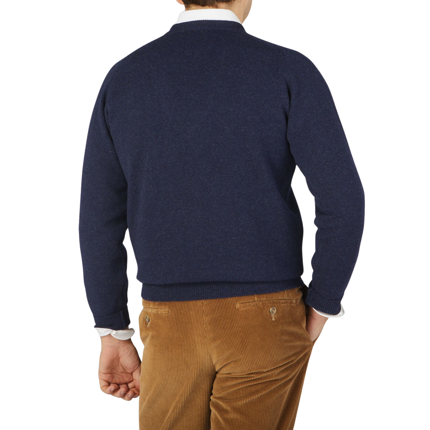 The back view of a man wearing a William Lockie Oxford Blue Deep V-Neck Lambswool Sweater.
