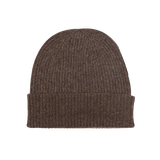 A Porcupine Brown Cashmere Fine Ribbed Beanie by William Lockie on a white background.