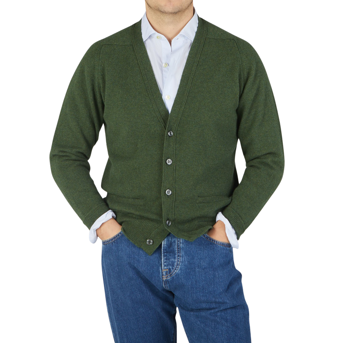 A man wearing a William Lockie Rosemary Green Lambswool Saddle Shoulder Cardigan.