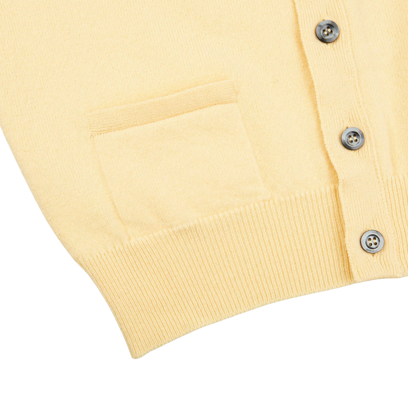 A William Lockie Solar Yellow Lambswool Saddle Shoulder Cardigan with buttons on the front.