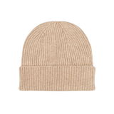 A William Lockie Stoneage Beige Cashmere Fine Ribbed Beanie on a white background.