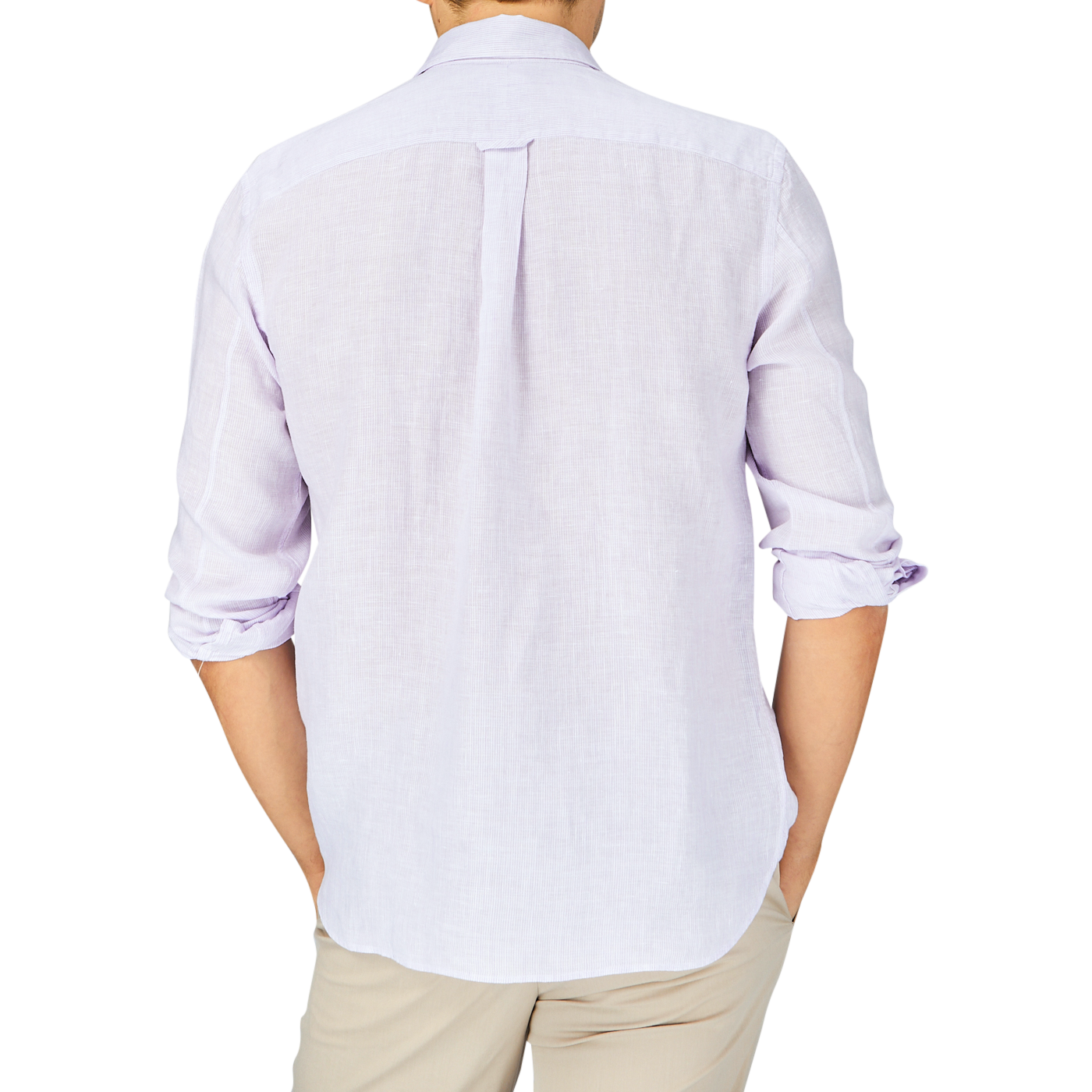A man seen from the back wearing a light Lilac Striped Washed Linen Legacy shirt with rolled-up sleeves and beige pants by Xacus.