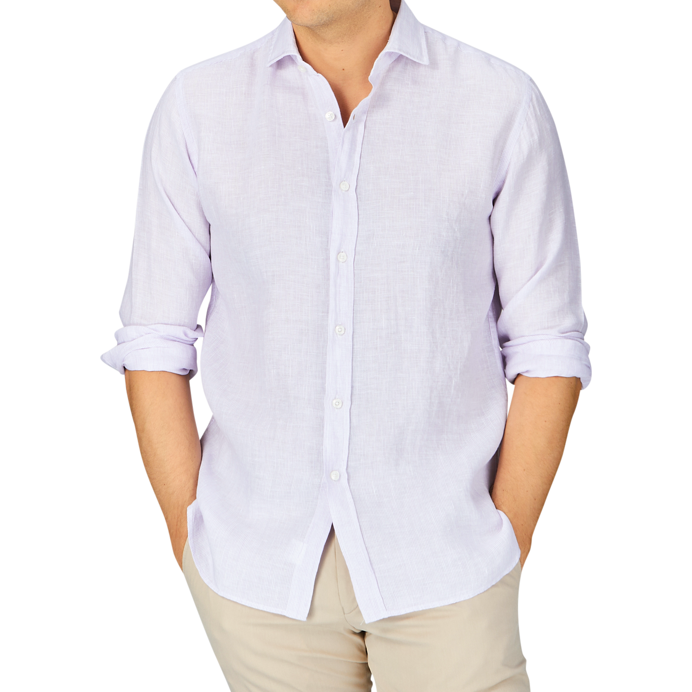 Man in a casual, unbuttoned Lilac Striped Washed Linen Legacy Shirt with rolled-up sleeves and beige trousers against a gray background by Xacus.