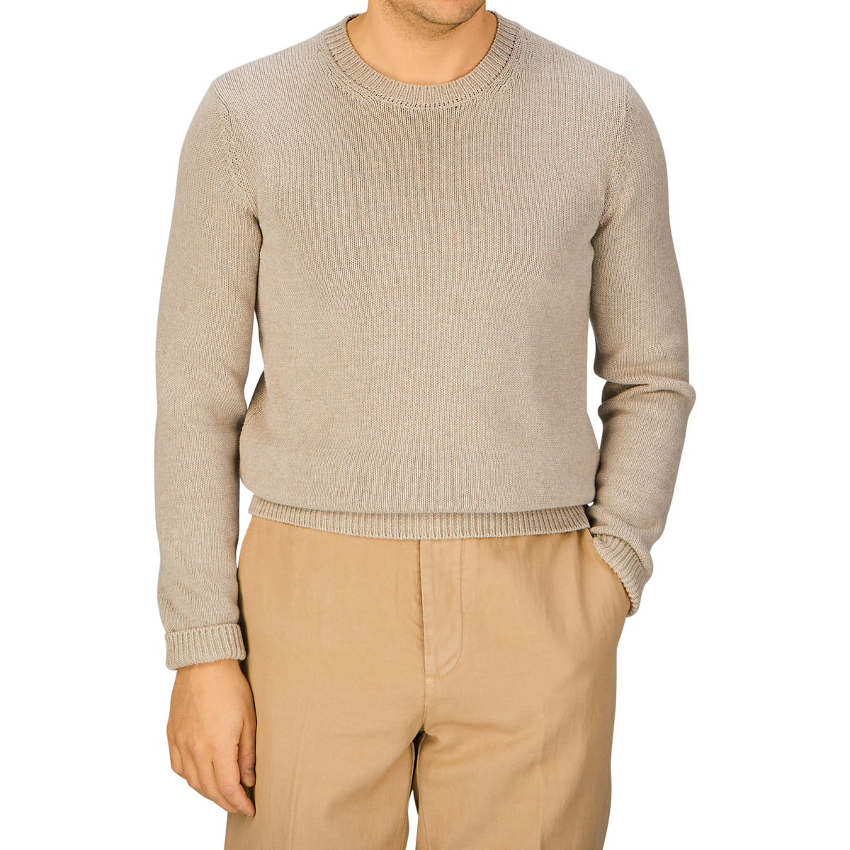 A man wearing a Zanone taupe beige cotton crew neck sweater and tan pants.