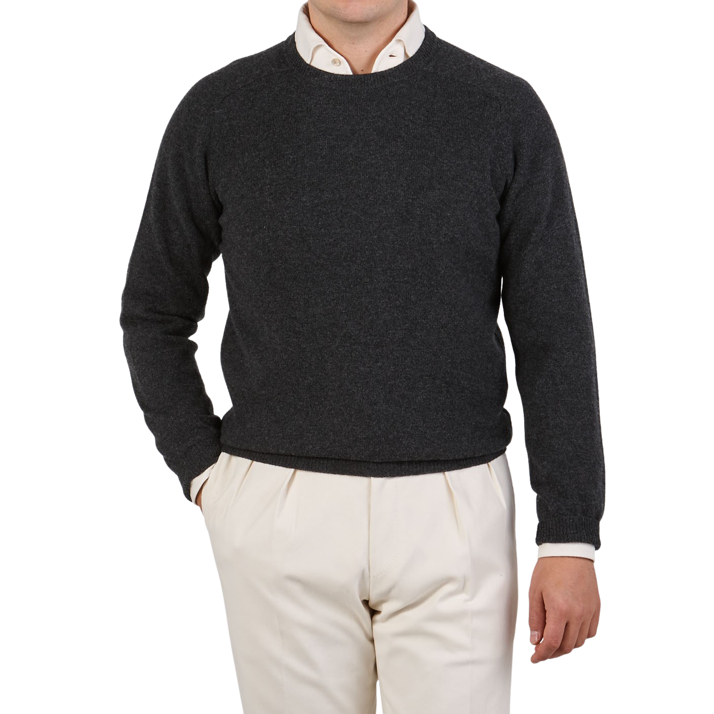 Alan Paine Charcoal Grey Lambswool Crew Neck Front