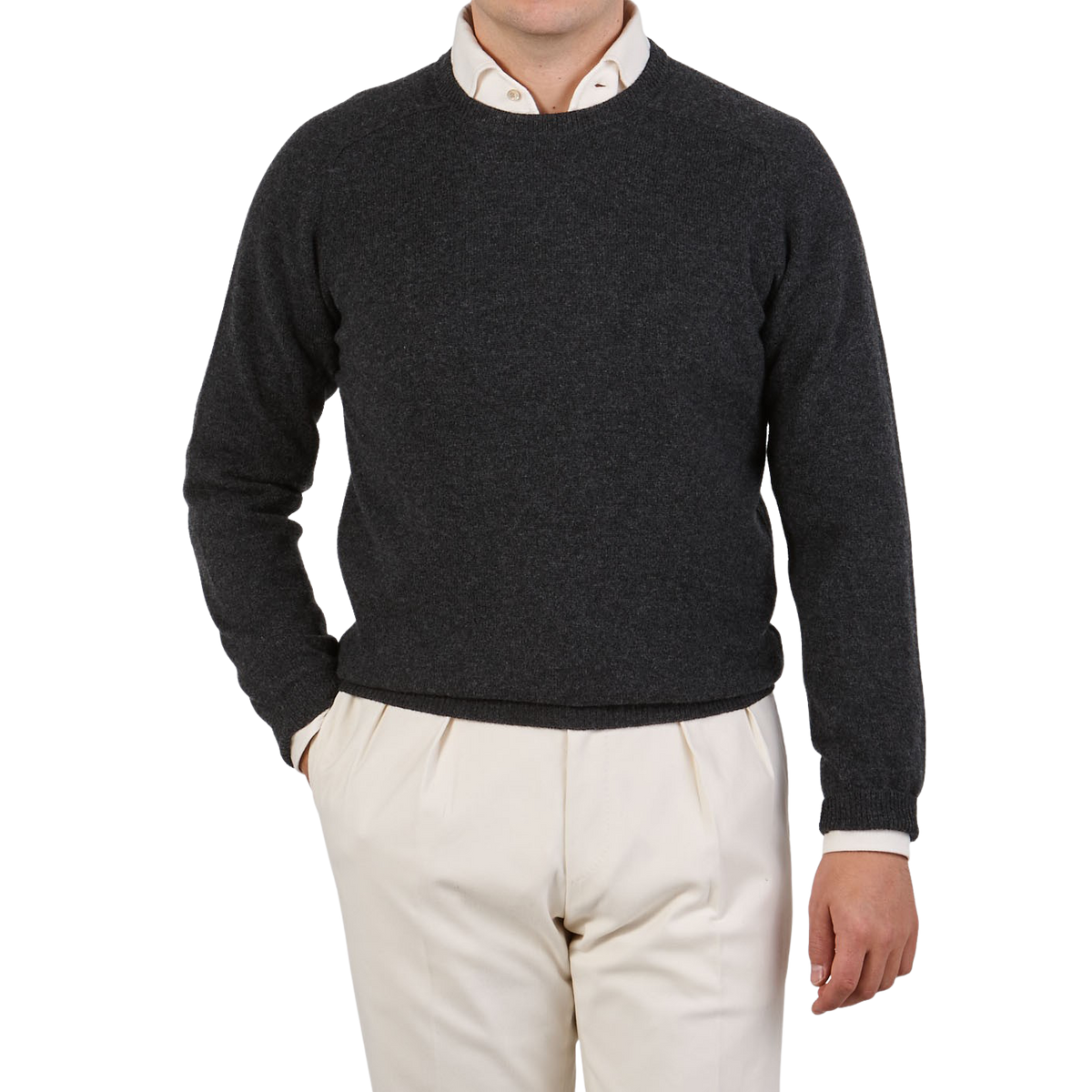 Alan Paine Charcoal Grey Lambswool Crew Neck Front
