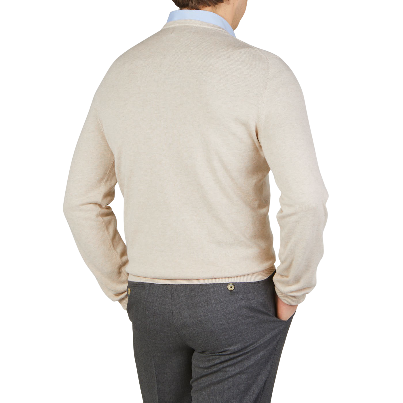 Alan Paine Sand Beige Luxury Cotton V-Neck Sweater Back