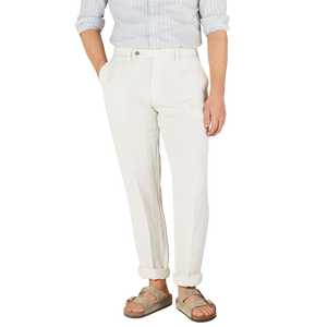 Berwich Cream Linen Blend Flat Front Trousers Front