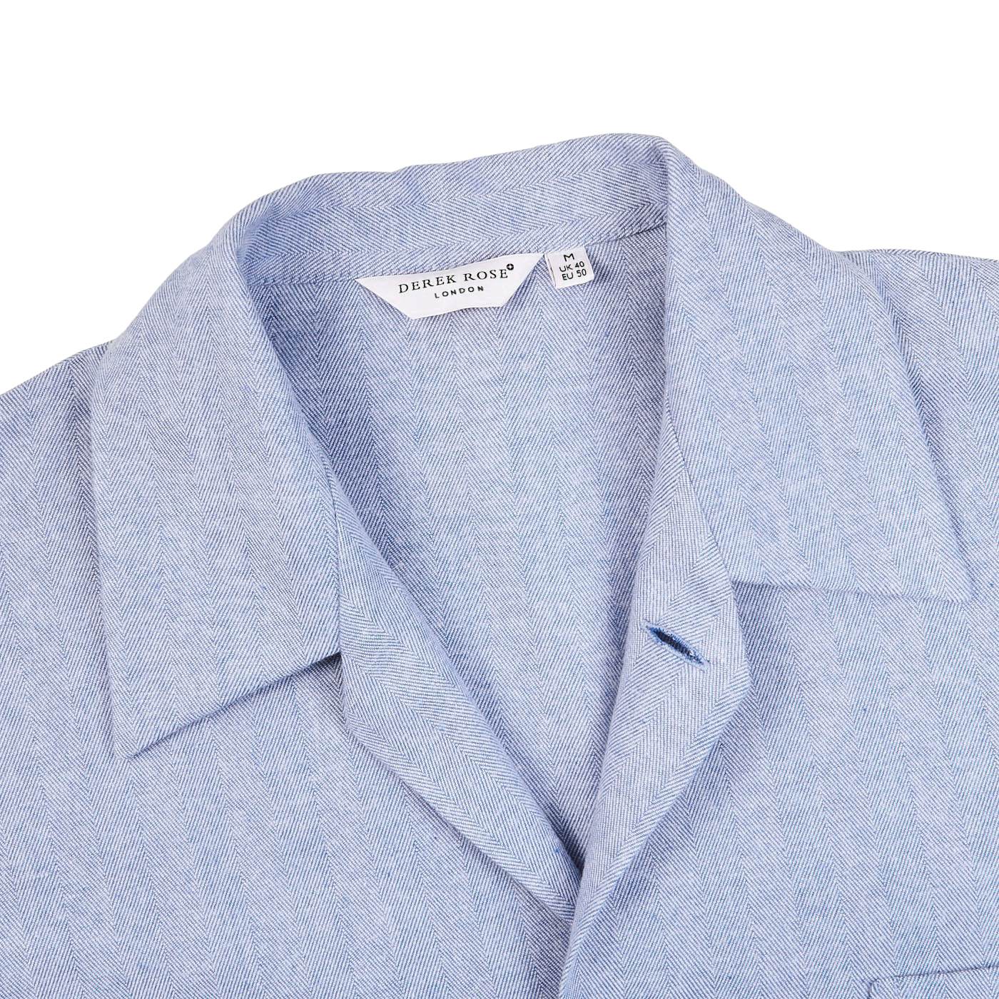 Derek Rose Blue Herringbone Cotton Classic Fit Pyjamas Collar