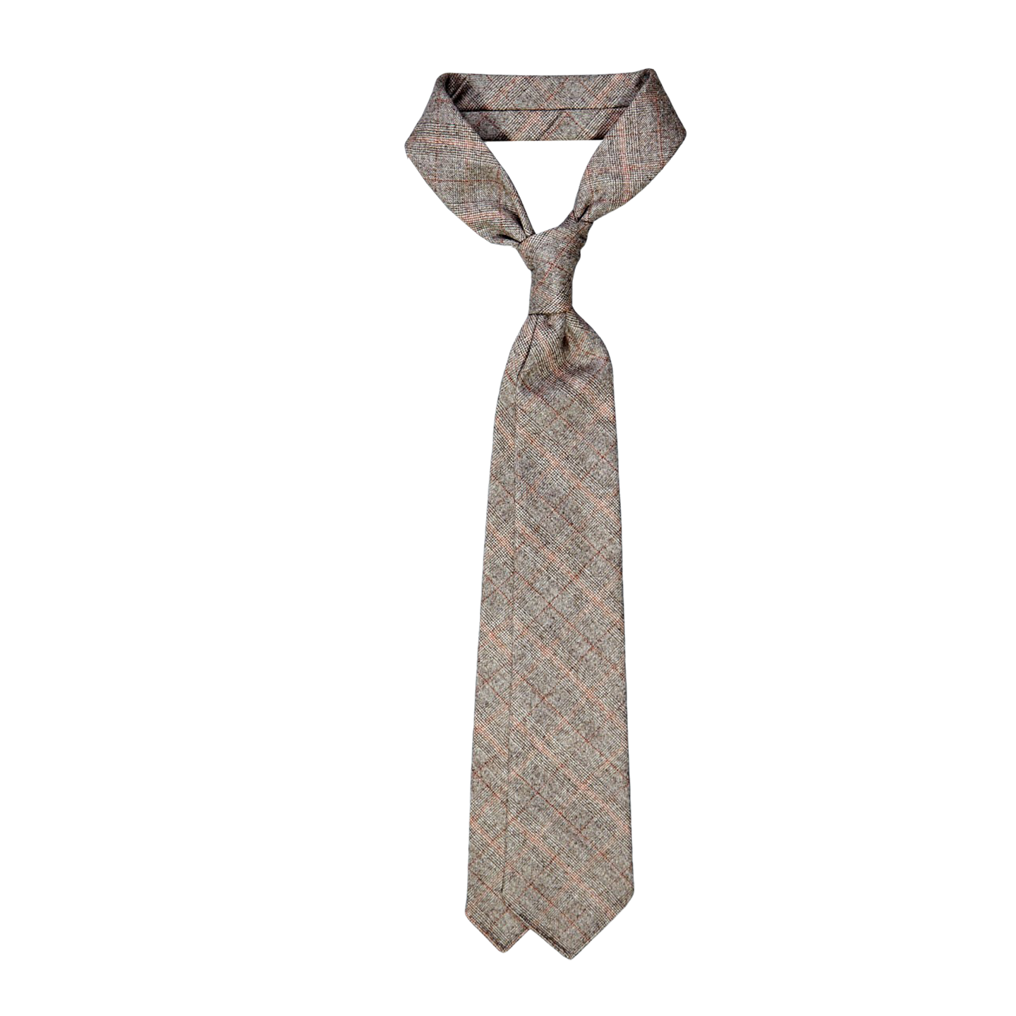 A Dreaming Of Monday Brown Checked 7-Fold Vintage Wool Tie in a brown and beige plaid pattern on a white background.