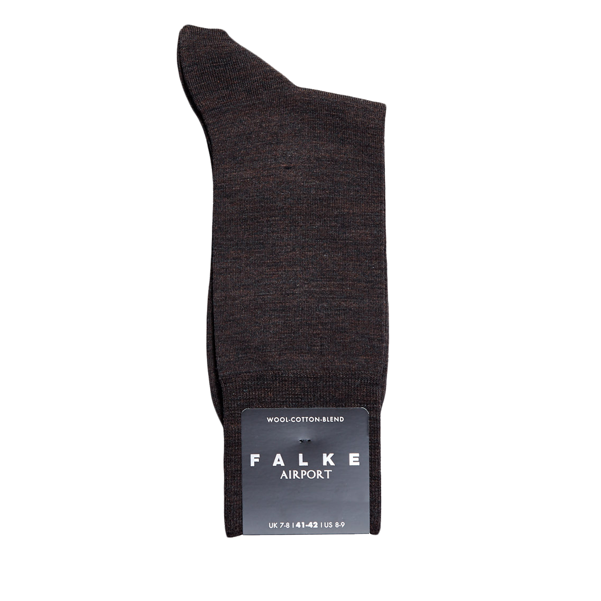 A pair of temperature-regulating, Brown Melange Airport Wool Cotton socks with the word "Falke" on them.