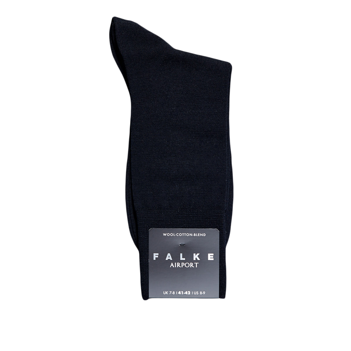 A Navy Airport Wool Cotton sock with the brand name Falke on it that provides temperature regulation.