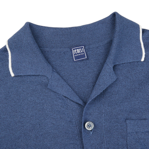 Fedeli Dark Blue Cotton Linen Bowling Shirt Collar