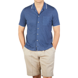 Fedeli Dark Blue Cotton Linen Bowling Shirt Front
