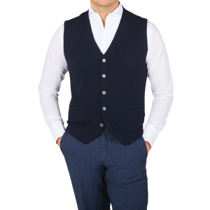 Gran Sasso Navy Blue Fresh Cotton Knitted Waistcoat Front
