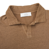 Mauro Ottaviani Cinnamon Brown Washed Linen Polo Shirt Collar