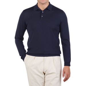 Mauro Ottaviani Dark Blue 16 Gauge Merino Wool Polo Shirt Front