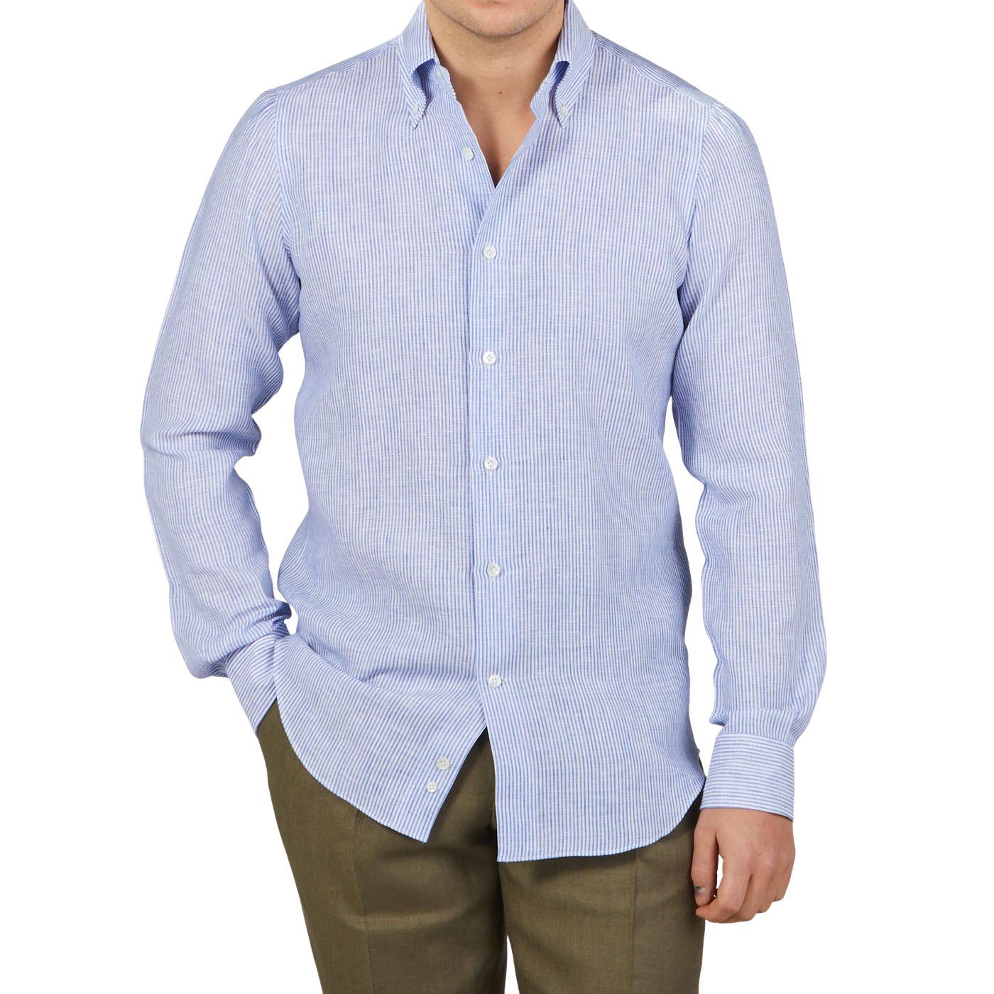 Mazzarelli Blue Striped Organic Linen BD Slim Shirt Front