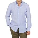 Mazzarelli Blue Striped Organic Linen BD Slim Shirt Front