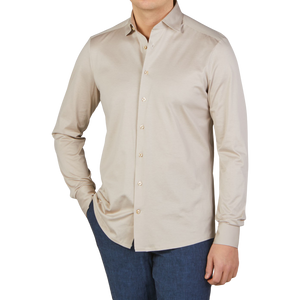 Stenström Light Beige Cotton Jersey Casual Slimline Shirt Front