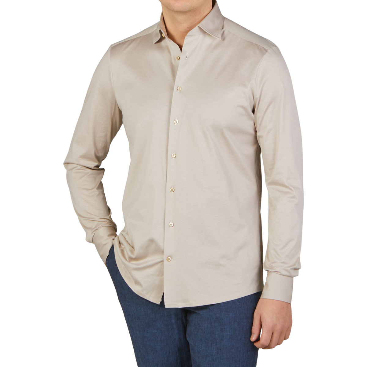 Stenström Light Beige Cotton Jersey Casual Slimline Shirt Front