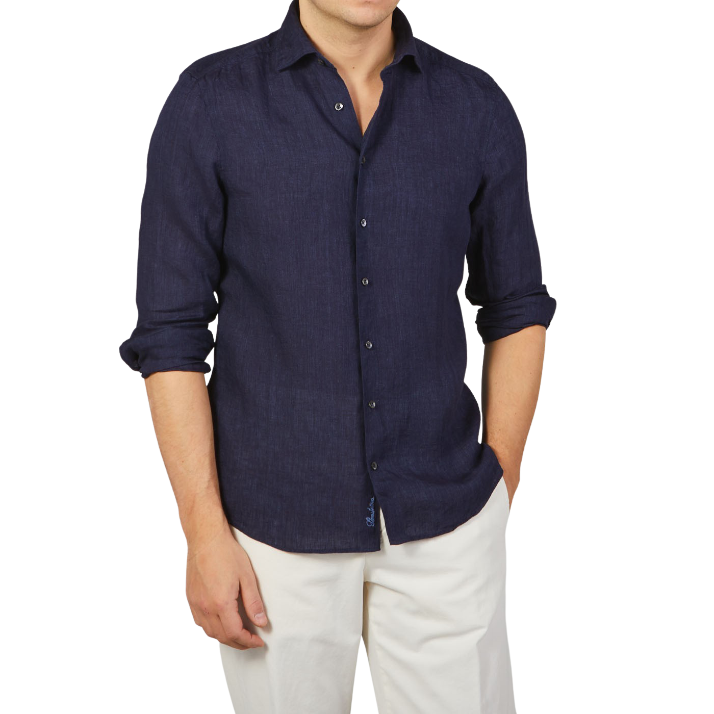 Stenströms Dark Blue Linen Cutaway Slimline Shirt Front