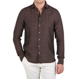 Stenströms Dark Brown Linen Cutaway Slimline Shirt Front