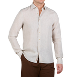Stenströms Light Beige Linen Slimline Shirt Front