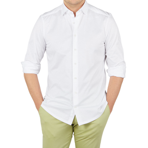 Stenströms White Cotton Jersey Casual Slimline Shirt Front