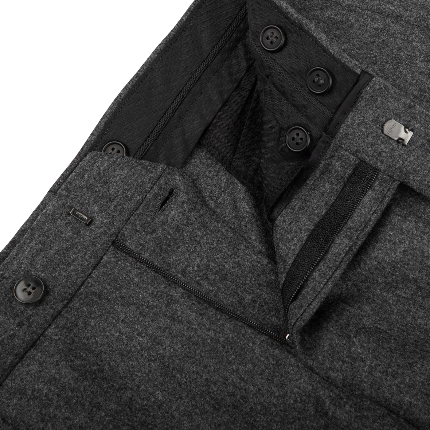 Studio 73 Grey Melange Wool Flannel Pleated Trousers Zipper