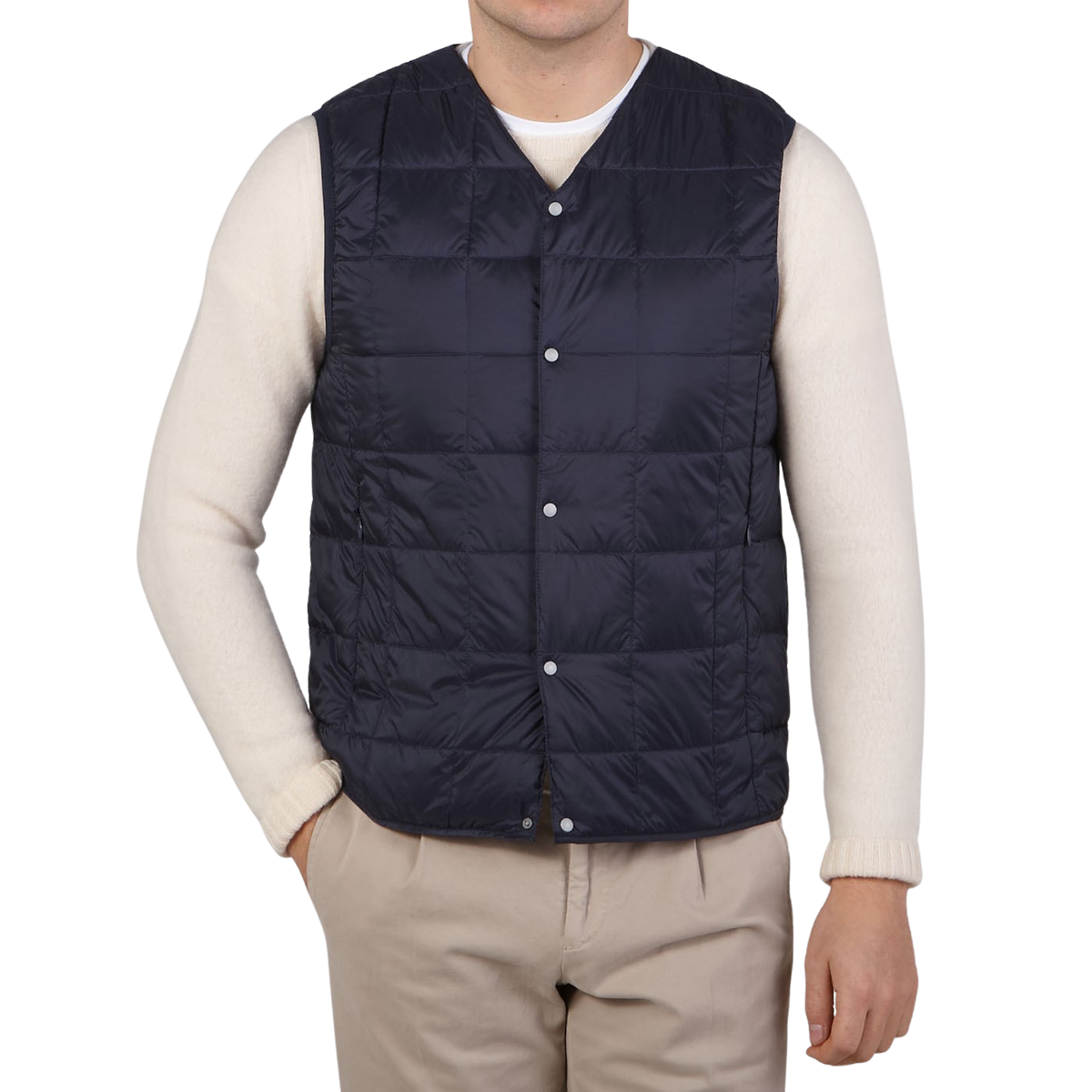 Taion Navy Blue Nylon Down Padded Vest Front