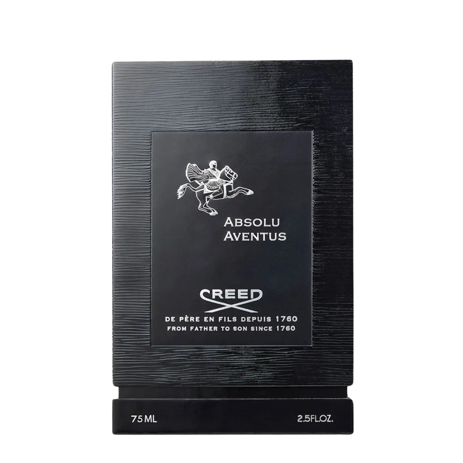 A limited-edition bottle of Creed black perfume with a logo on it, featuring the fragrance Absolu Aventus Eau de Parfum 75ml.